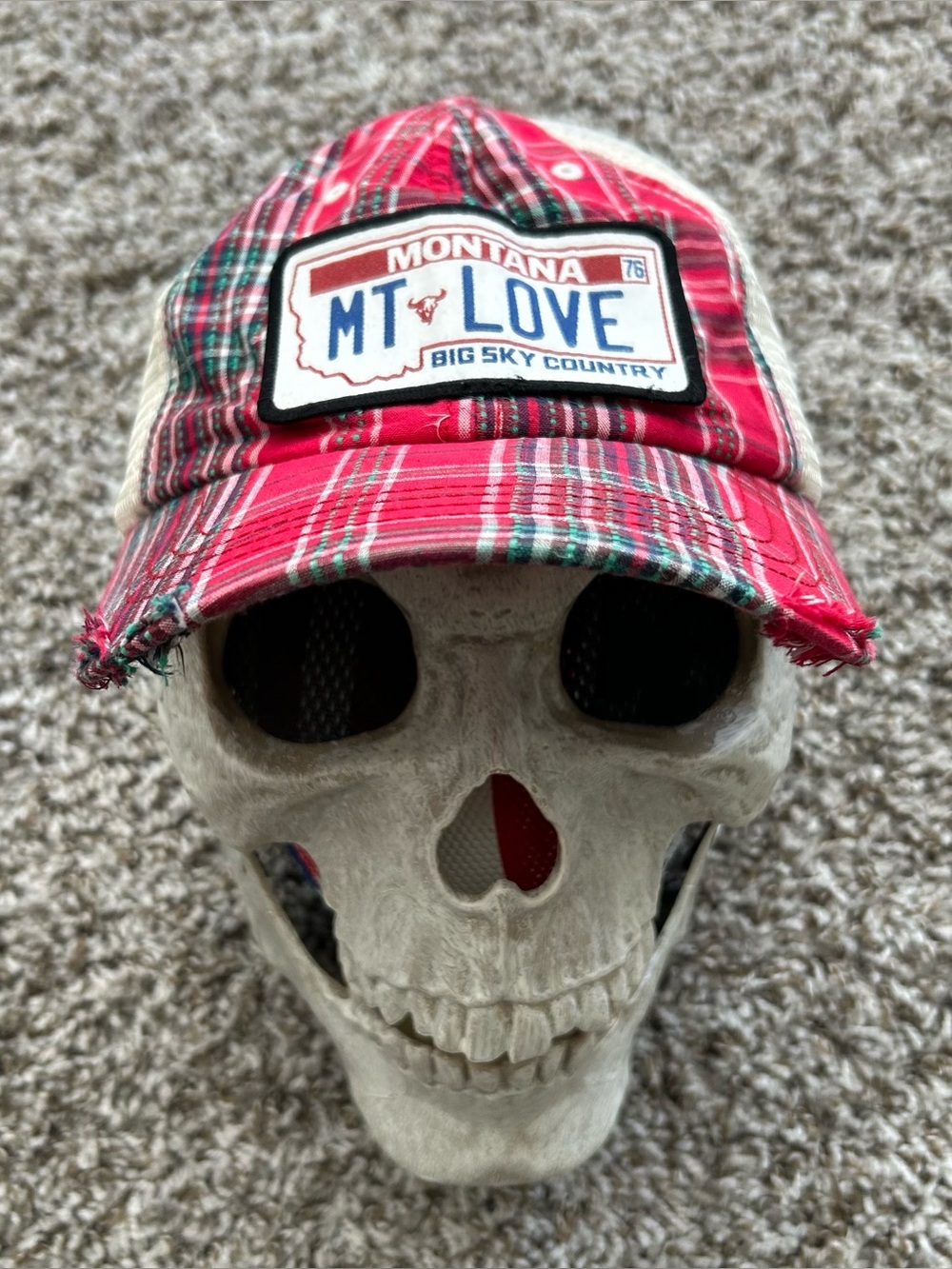 Distressed Montana MT Love Plaid Trucker Hat - Big Sky Country Snapback Cap